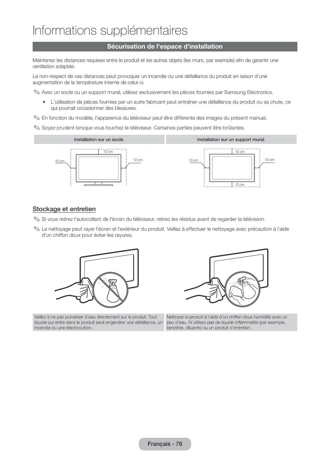 Samsung LT24D310EW/EN, LT28D310EW/EN manual Sécurisation de lespace dinstallation, Stockage et entretien 