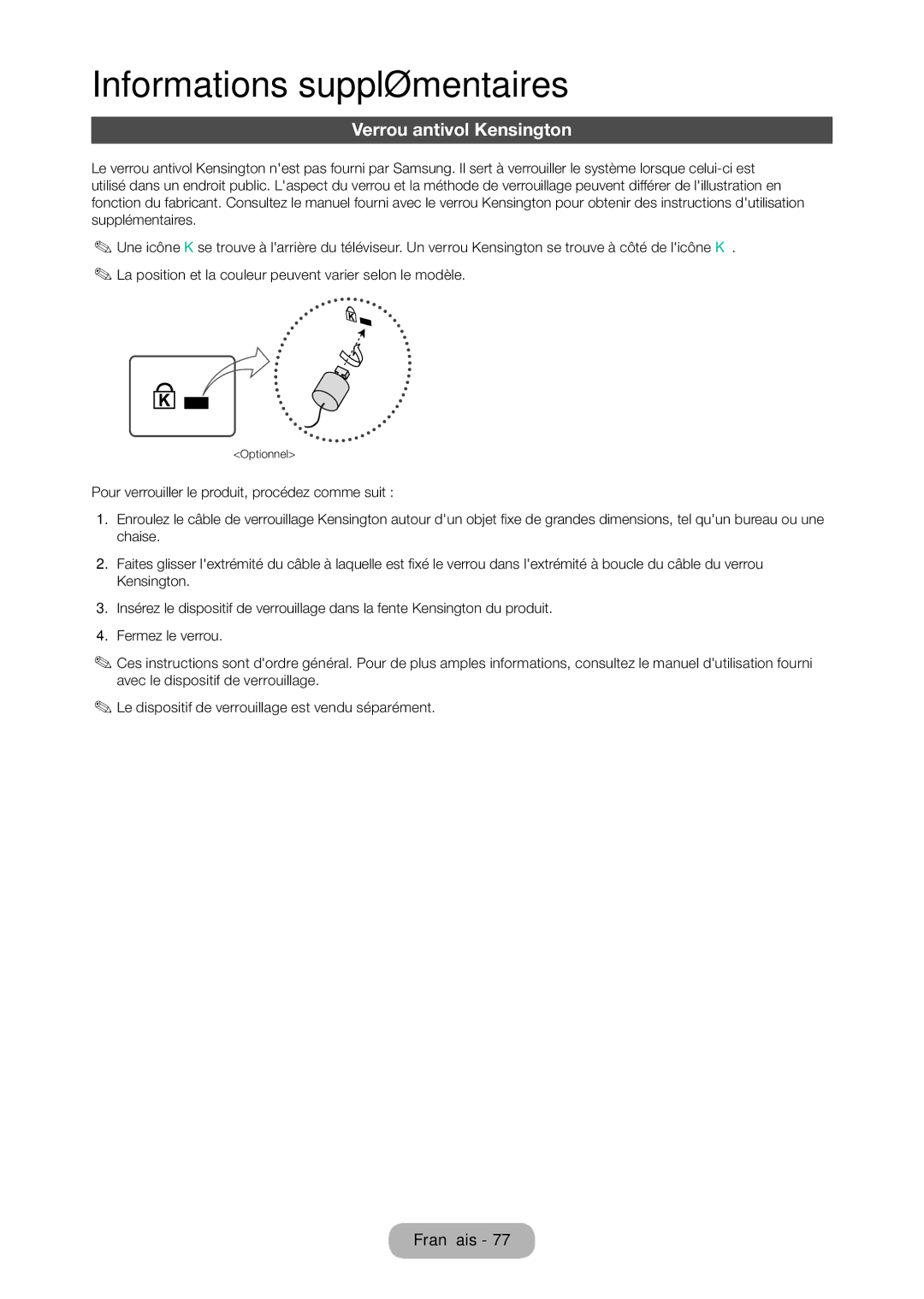 Samsung LT28D310EW/EN, LT24D310EW/EN manual Verrou antivol Kensington 