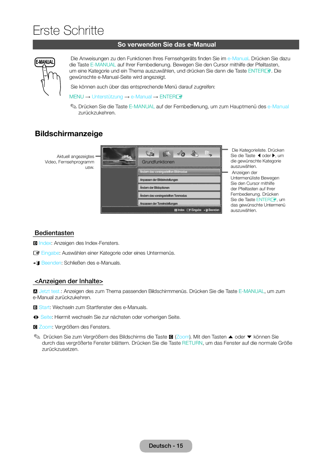 Samsung LT28D310EW/EN, LT24D310EW/EN Bildschirmanzeige, So verwenden Sie das e-Manual, Bedientasten, Anzeigen der Inhalte 