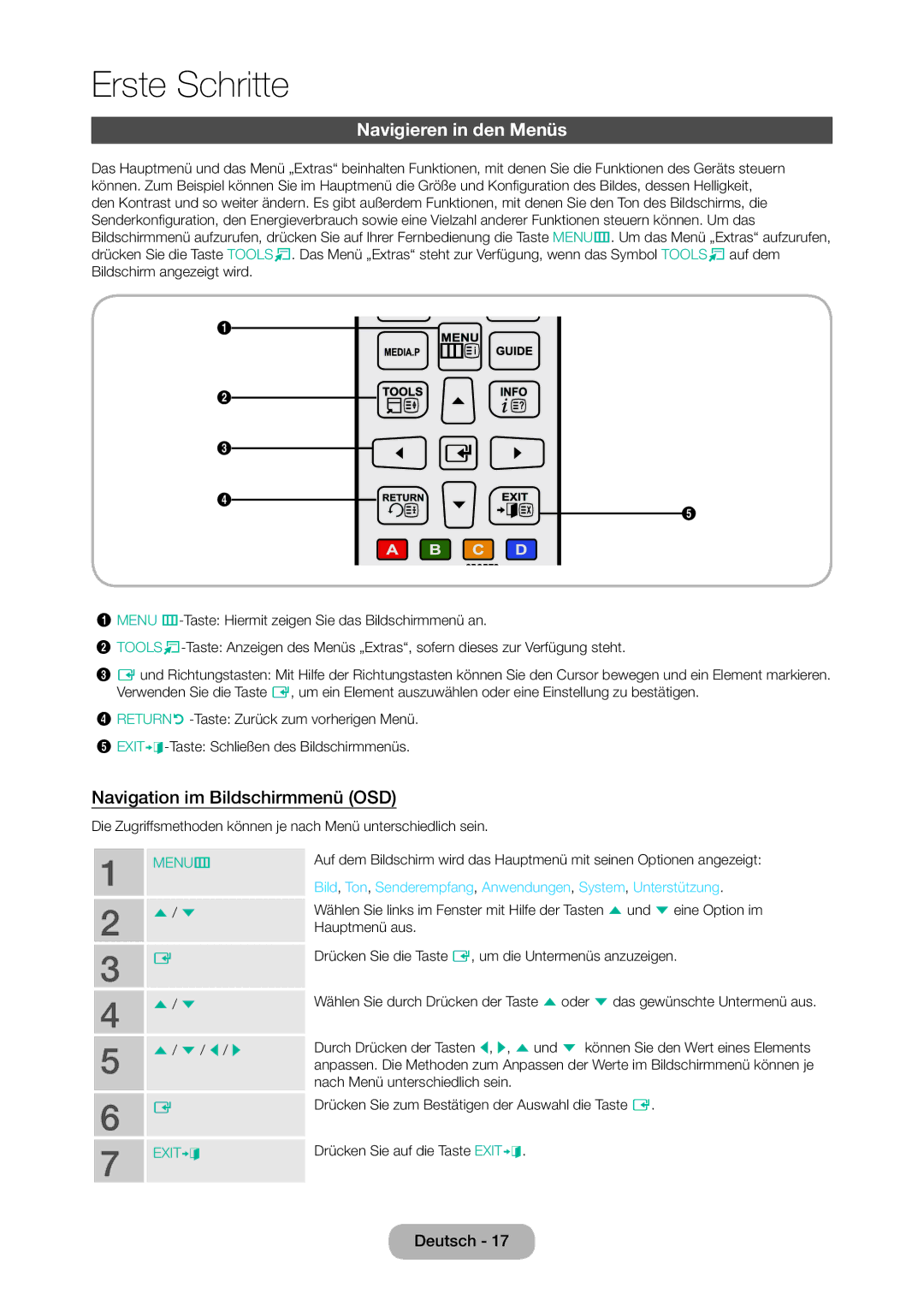 Samsung LT28D310EW/EN, LT24D310EW/EN manual Navigieren in den Menüs, Navigation im Bildschirmmenü OSD 