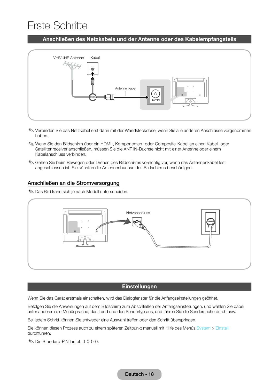 Samsung LT24D310EW/EN Anschließen an die Stromversorgung, Einstellungen, Das Bild kann sich je nach Modell unterscheiden 