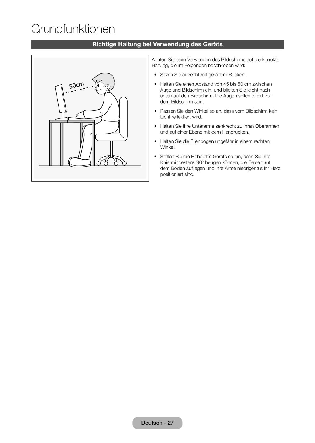 Samsung LT28D310EW/EN, LT24D310EW/EN manual Grundfunktionen, Richtige Haltung bei Verwendung des Geräts 