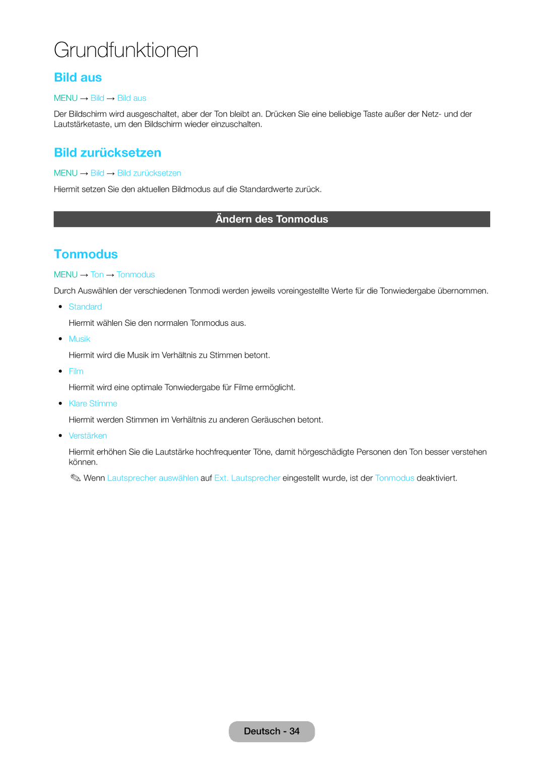Samsung LT24D310EW/EN, LT28D310EW/EN manual Bild aus, Bild zurücksetzen, Ändern des Tonmodus 