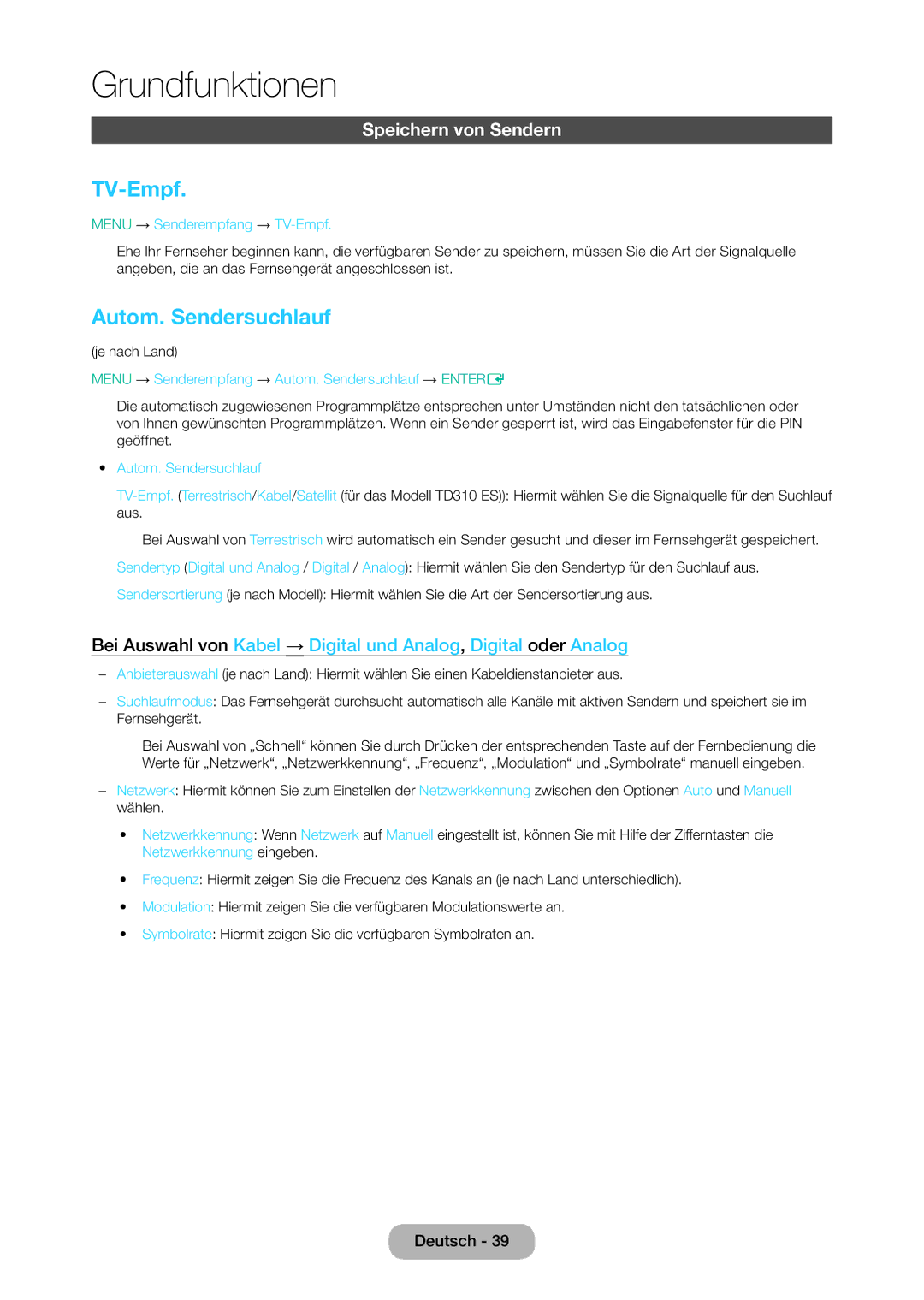 Samsung LT28D310EW/EN, LT24D310EW/EN manual TV-Empf, Autom. Sendersuchlauf, Speichern von Sendern 