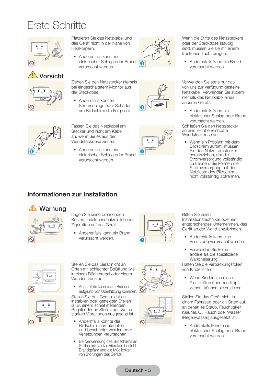 Samsung LT28D310EW/EN, LT24D310EW/EN manual Informationen zur Installation, Anderenfalls kann ein Brand verursacht werden 