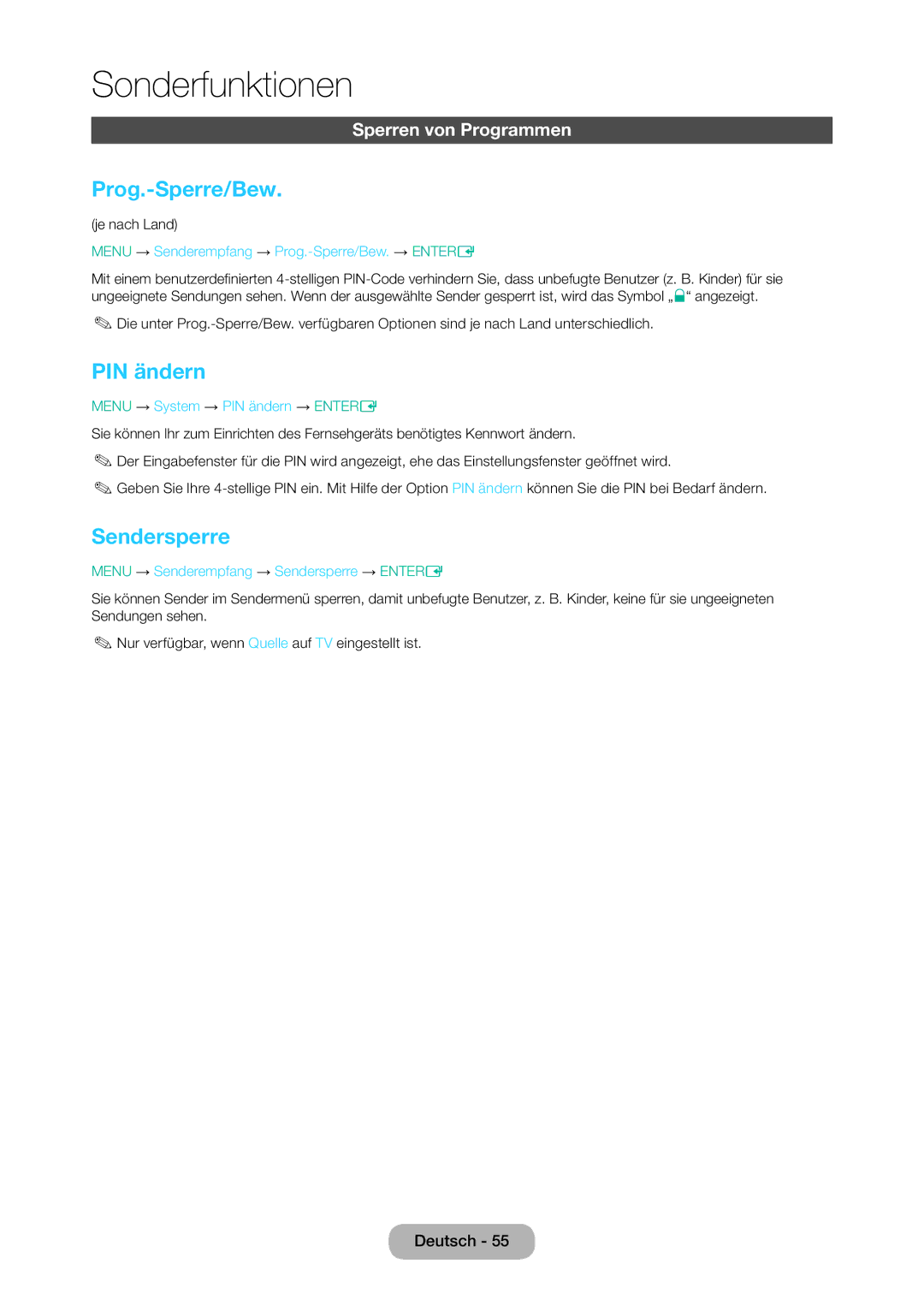 Samsung LT28D310EW/EN, LT24D310EW/EN manual Prog.-Sperre/Bew, PIN ändern, Sendersperre, Sperren von Programmen 