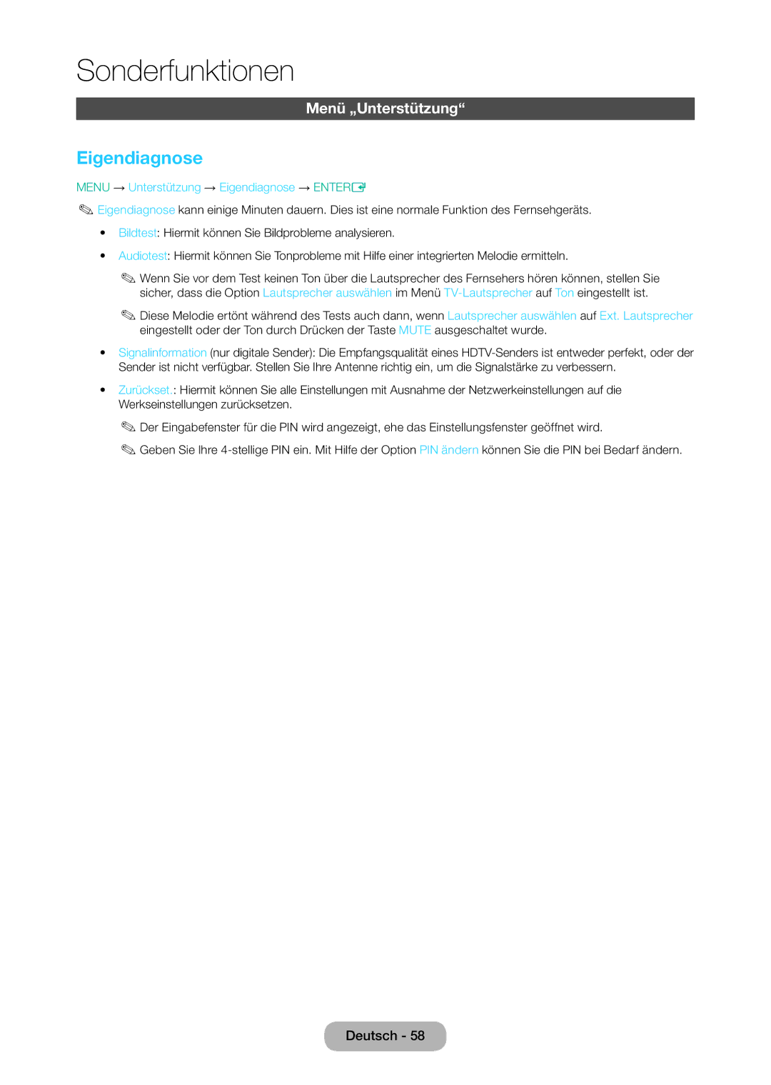 Samsung LT24D310EW/EN, LT28D310EW/EN manual Menü „Unterstützung, Menu → Unterstützung → Eigendiagnose → Entere 