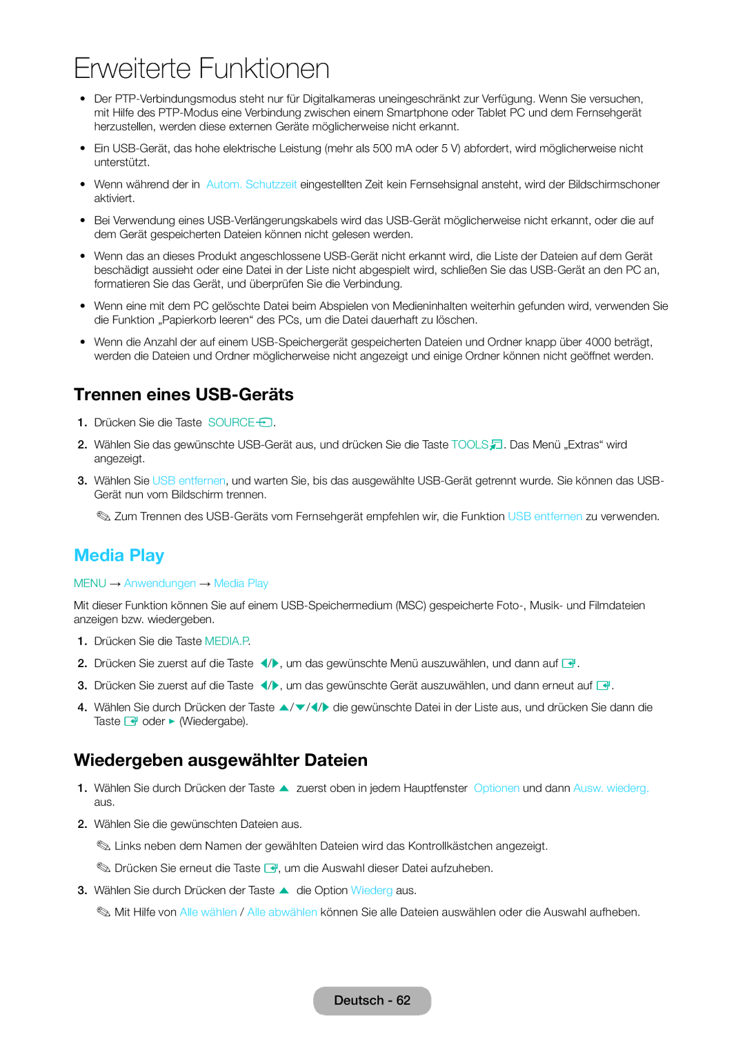 Samsung LT24D310EW/EN, LT28D310EW/EN manual Trennen eines USB-Geräts, Media Play, Wiedergeben ausgewählter Dateien 