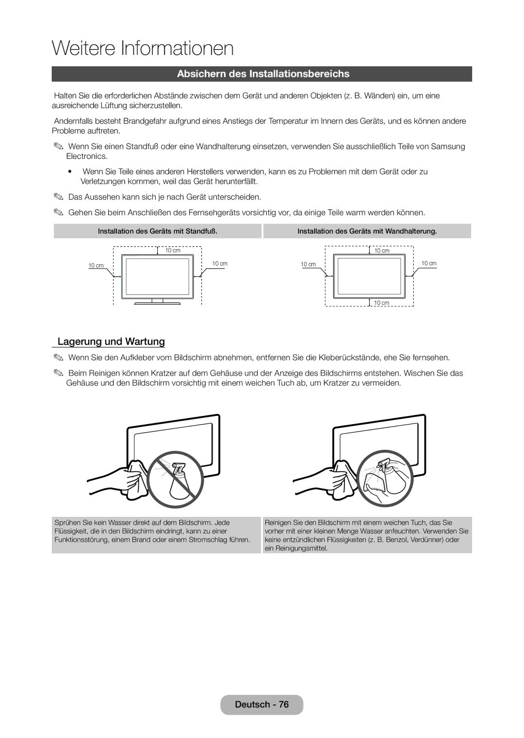 Samsung LT24D310EW/EN, LT28D310EW/EN manual Absichern des Installationsbereichs, Lagerung und Wartung 