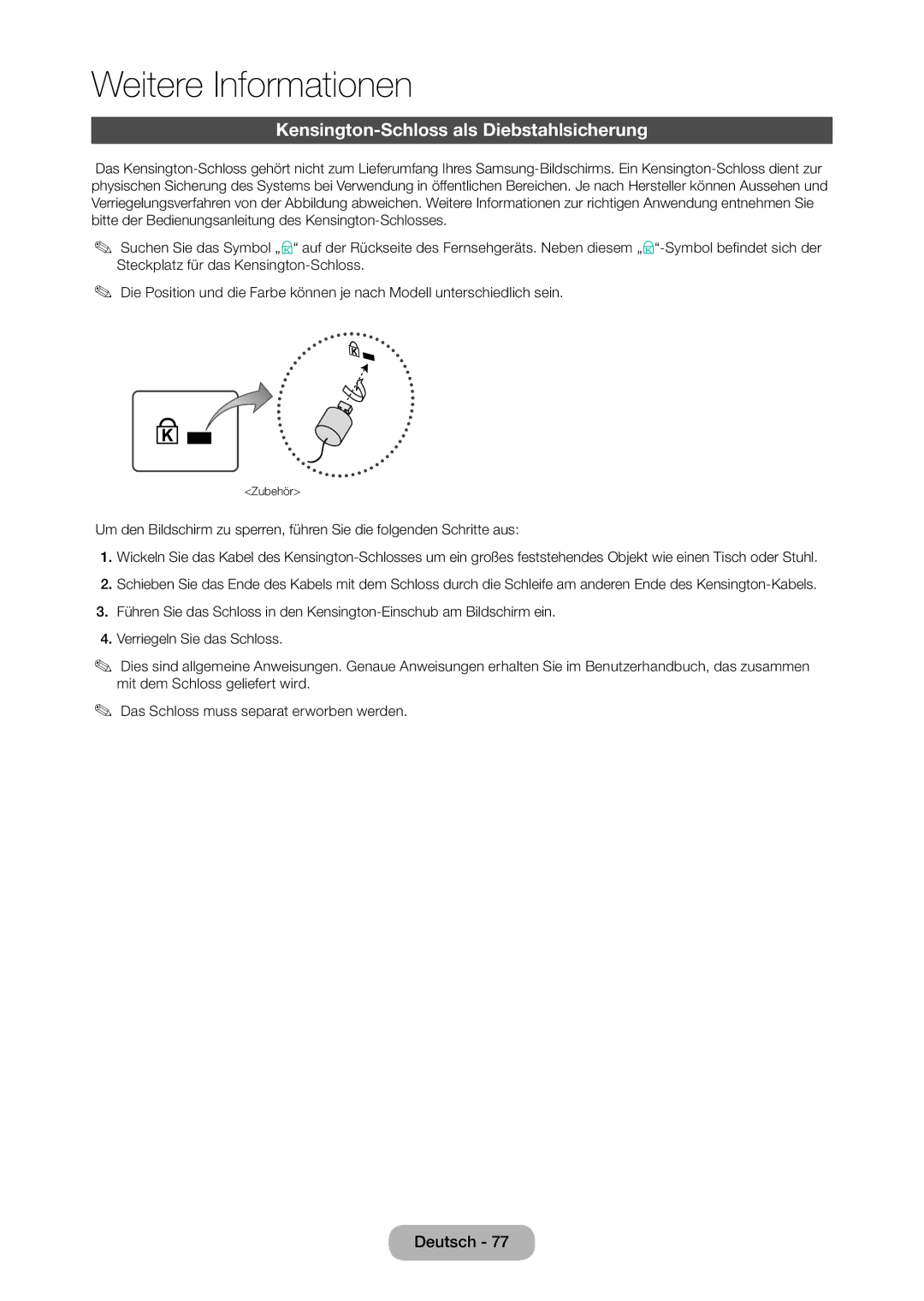 Samsung LT28D310EW/EN, LT24D310EW/EN manual Kensington-Schloss als Diebstahlsicherung 