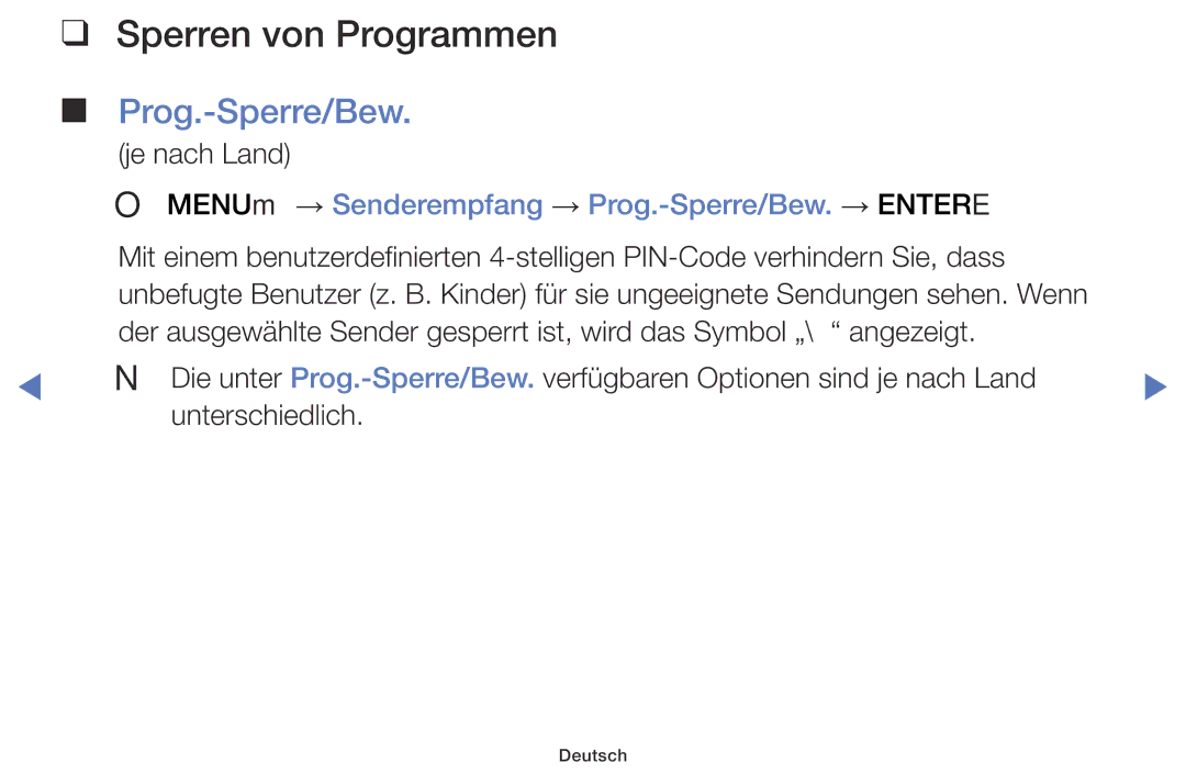 Samsung LT24D310EW/EN manual Sperren von Programmen Prog.-Sperre/Bew, OO MENUm → Senderempfang → Prog.-Sperre/Bew. → Entere 