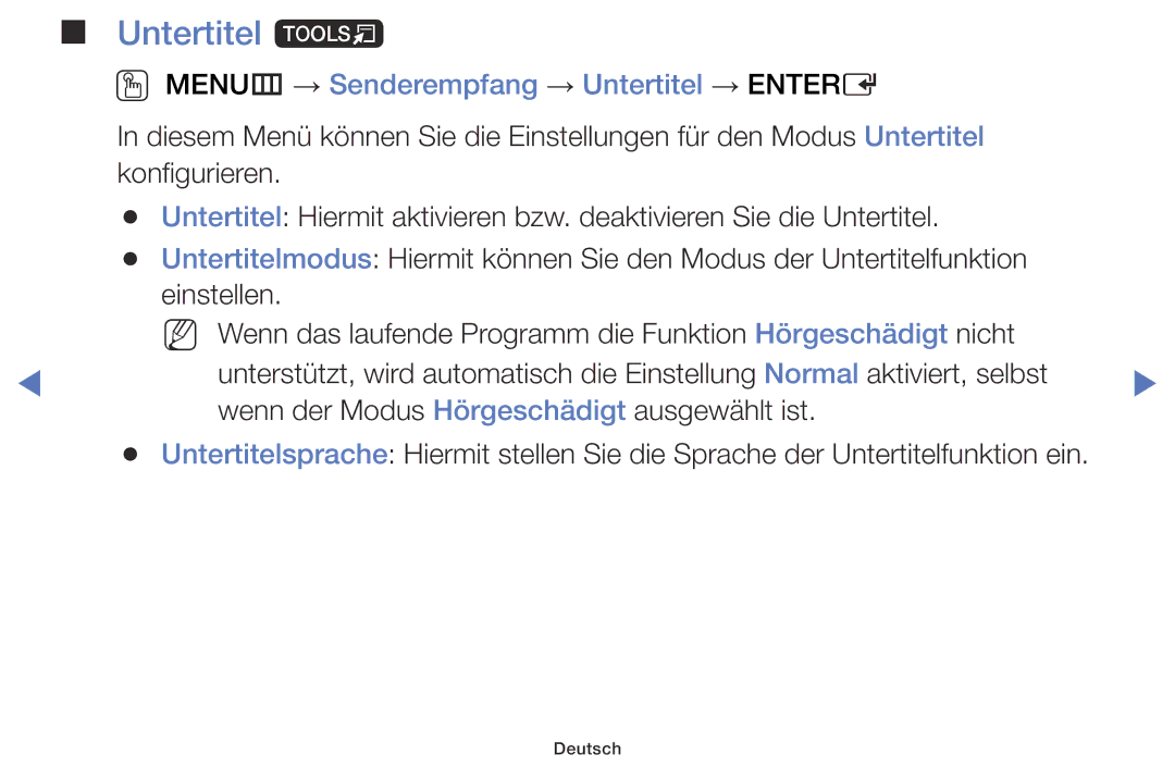 Samsung LT24D310EW/EN, LT28D310EW/EN manual Untertitel t, OO MENUm → Senderempfang → Untertitel → Entere 