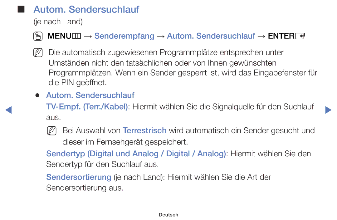 Samsung LT28D310EW/EN, LT24D310EW/EN manual OO MENUm → Senderempfang → Autom. Sendersuchlauf → Entere 