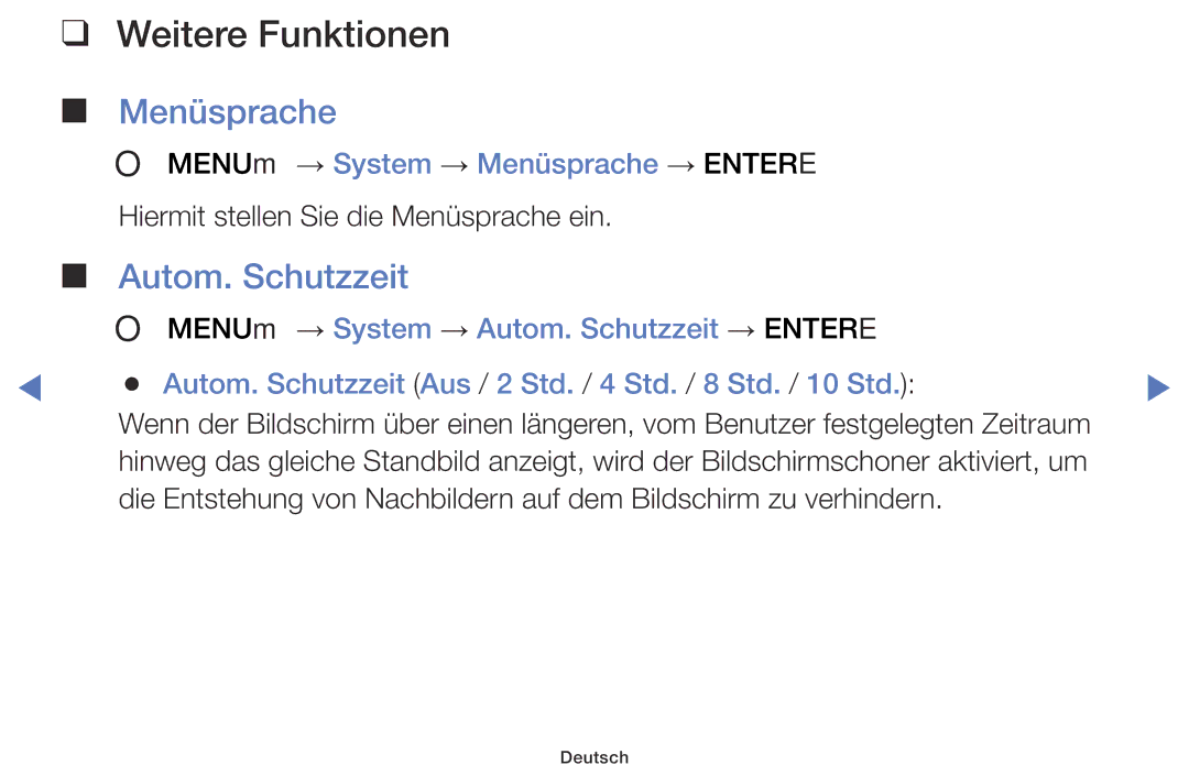 Samsung LT24D310EW/EN, LT28D310EW/EN manual Autom. Schutzzeit, OO MENUm → System → Menüsprache → Entere 