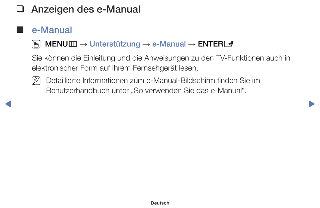 Samsung LT28D310EW/EN, LT24D310EW/EN manual Anzeigen des e-Manual, OO MENUm → Unterstützung → e-Manual → Entere 