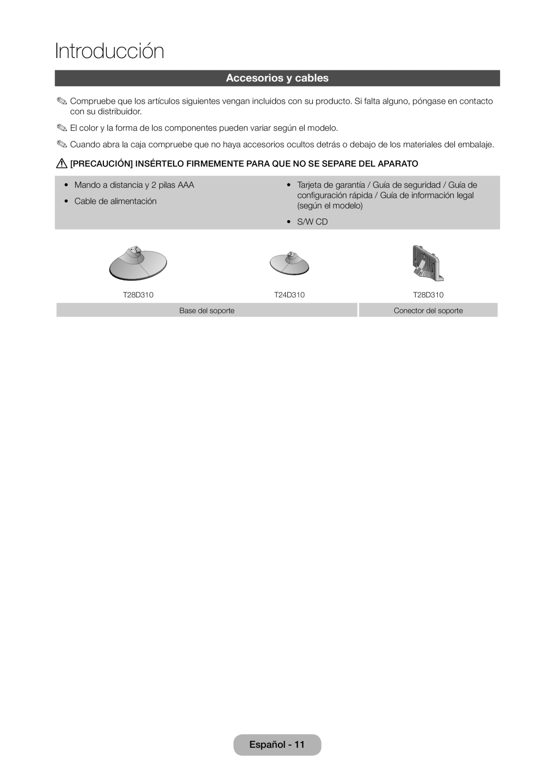 Samsung LT28D310EW/EN, LT24D310EW/EN manual Accesorios y cables 