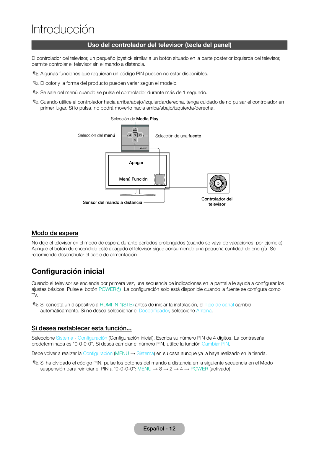 Samsung LT24D310EW/EN manual Configuración inicial, Uso del controlador del televisor tecla del panel, Modo de espera 