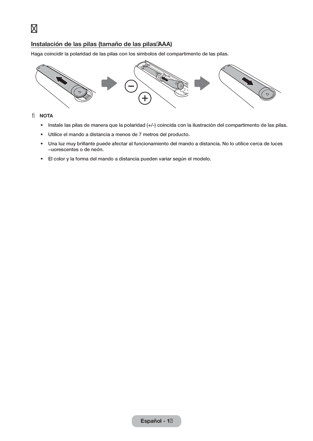 Samsung LT24D310EW/EN, LT28D310EW/EN manual Instalación de las pilas tamaño de las pilas AAA, Nota 