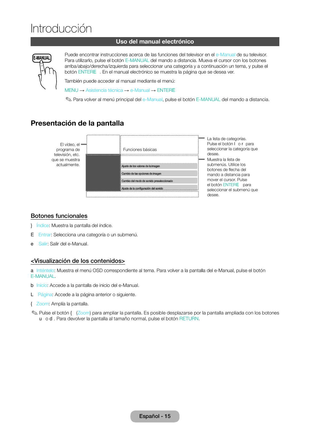 Samsung LT28D310EW/EN, LT24D310EW/EN Presentación de la pantalla, Uso del manual electrónico, Botones funcionales 