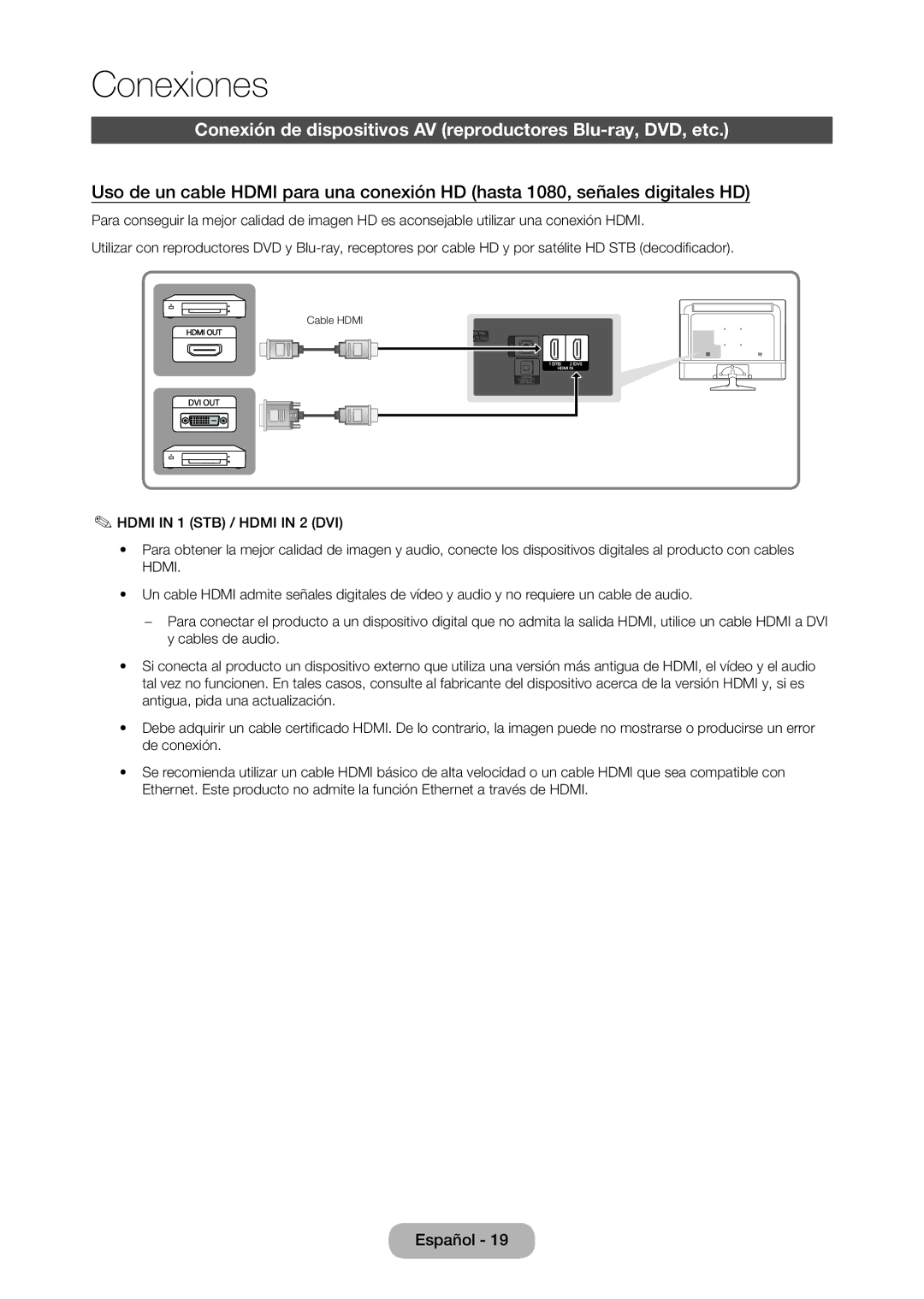 Samsung LT28D310EW/EN, LT24D310EW/EN manual Conexiones, Conexión de dispositivos AV reproductores Blu-ray, DVD, etc 