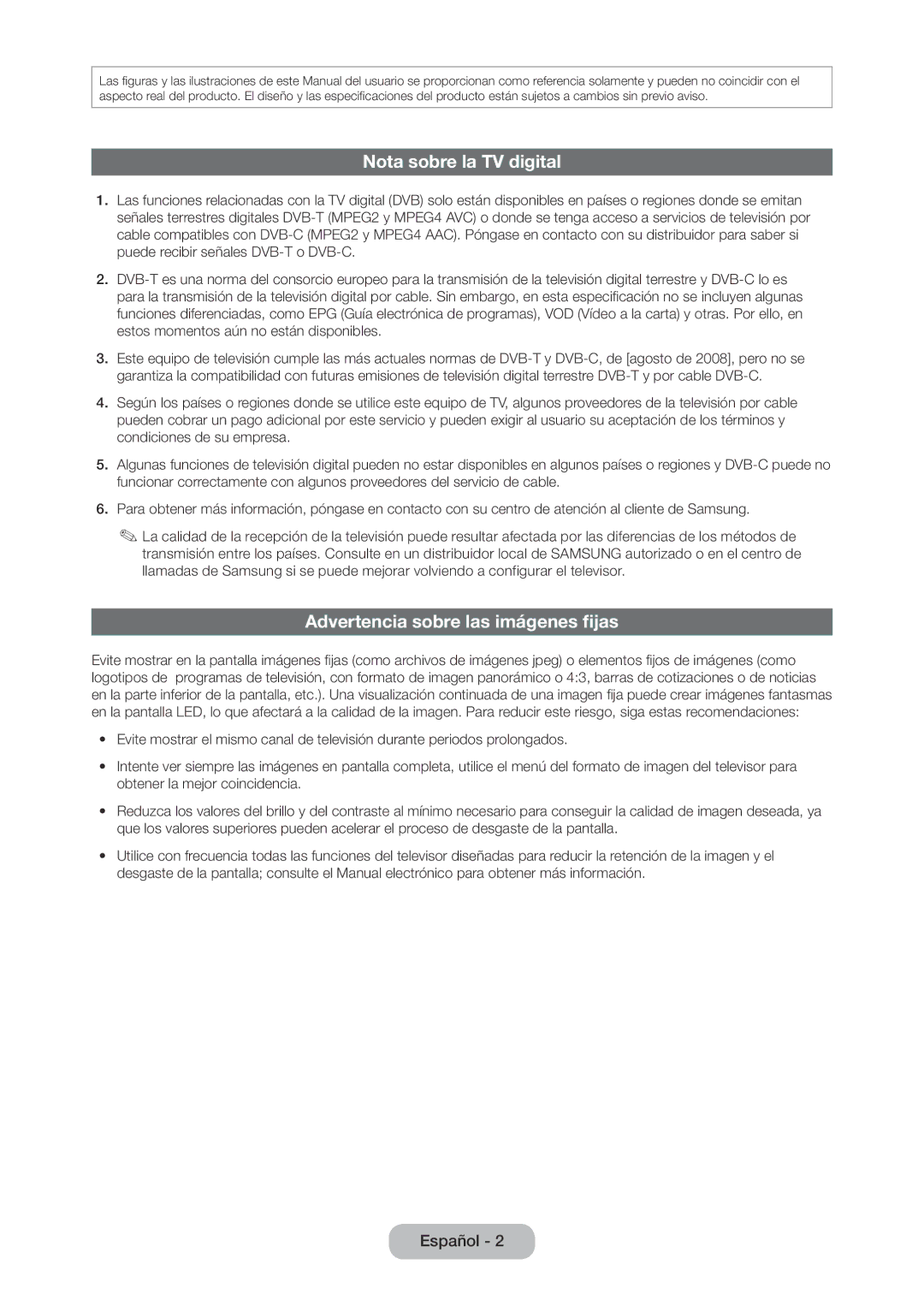 Samsung LT24D310EW/EN, LT28D310EW/EN manual Nota sobre la TV digital, Advertencia sobre las imágenes fijas 