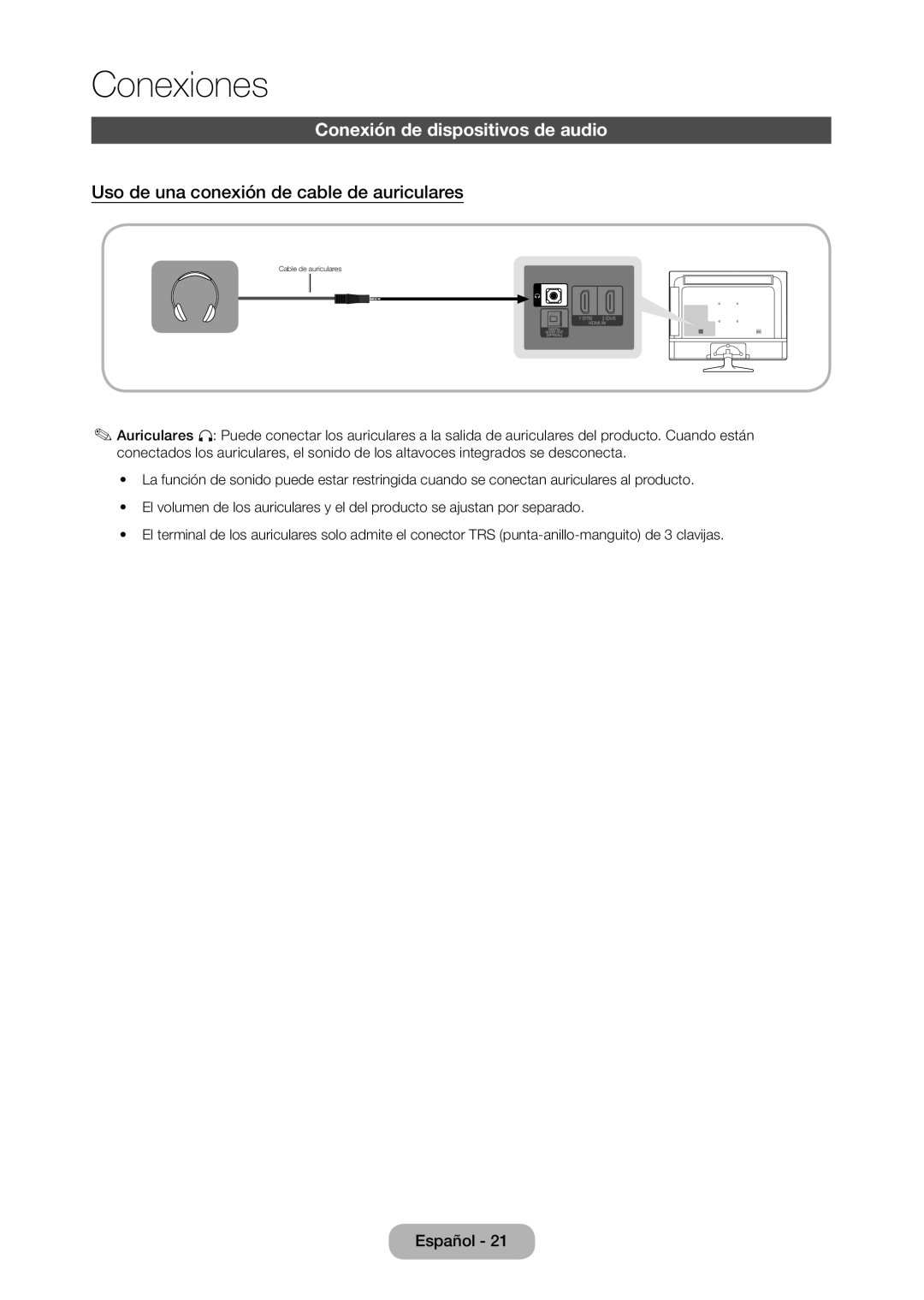 Samsung LT28D310EW/EN, LT24D310EW/EN manual Conexión de dispositivos de audio, Uso de una conexión de cable de auriculares 