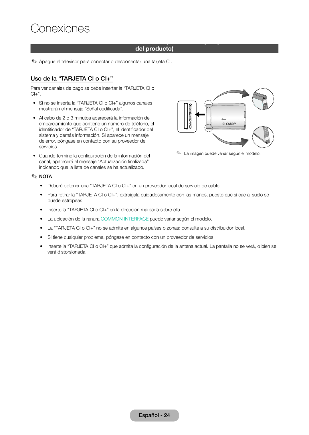 Samsung LT24D310EW/EN, LT28D310EW/EN manual Uso de la Tarjeta CI o CI+ 