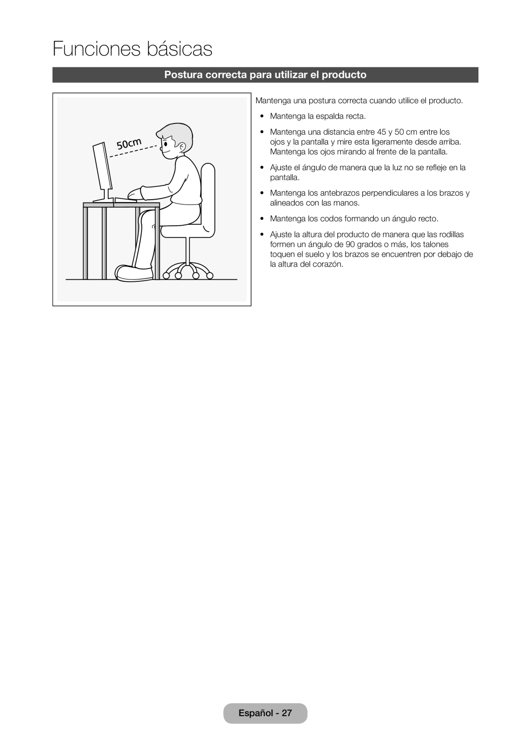 Samsung LT28D310EW/EN, LT24D310EW/EN manual Funciones básicas, Postura correcta para utilizar el producto 