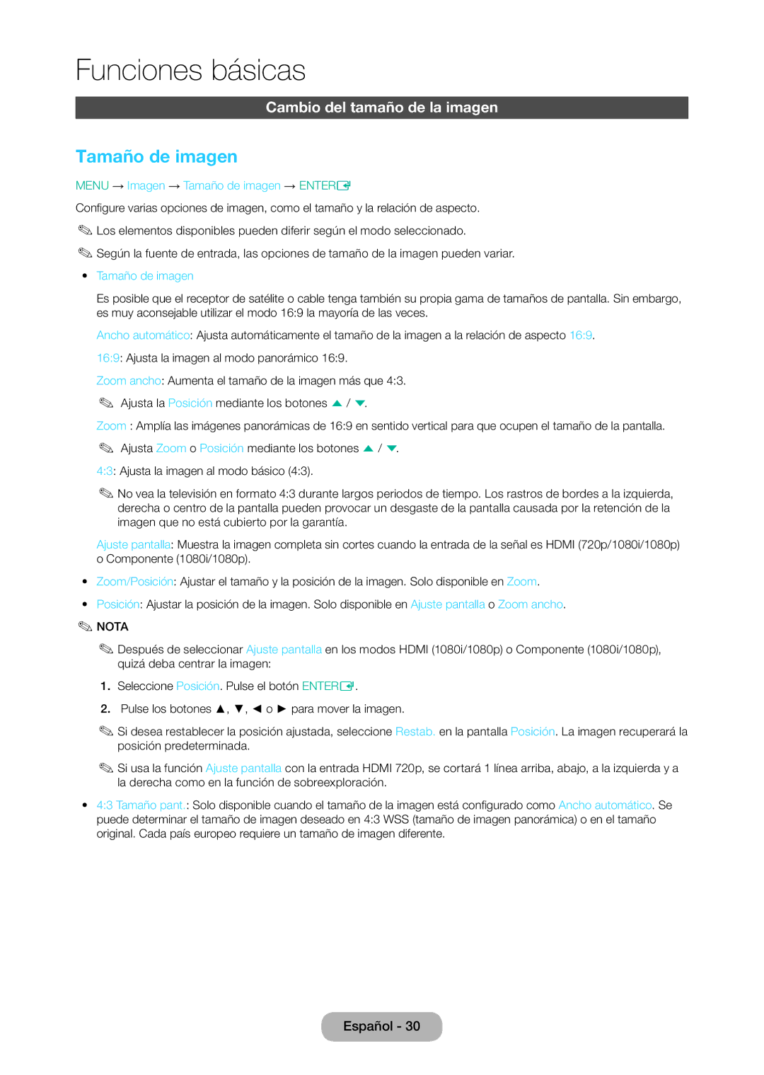Samsung LT24D310EW/EN, LT28D310EW/EN manual Cambio del tamaño de la imagen , Menu → Imagen → Tamaño de imagen → Entere 