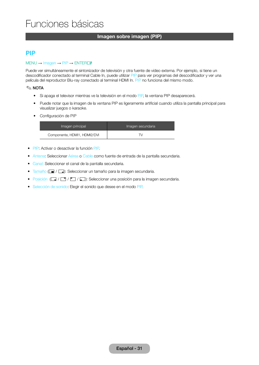 Samsung LT28D310EW/EN, LT24D310EW/EN manual Imagen sobre imagen PIP, Menu → Imagen → PIP → Entere 