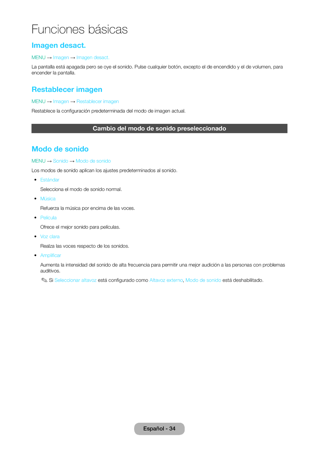 Samsung LT24D310EW/EN manual Imagen desact, Restablecer imagen, Modo de sonido, Cambio del modo de sonido preseleccionado 