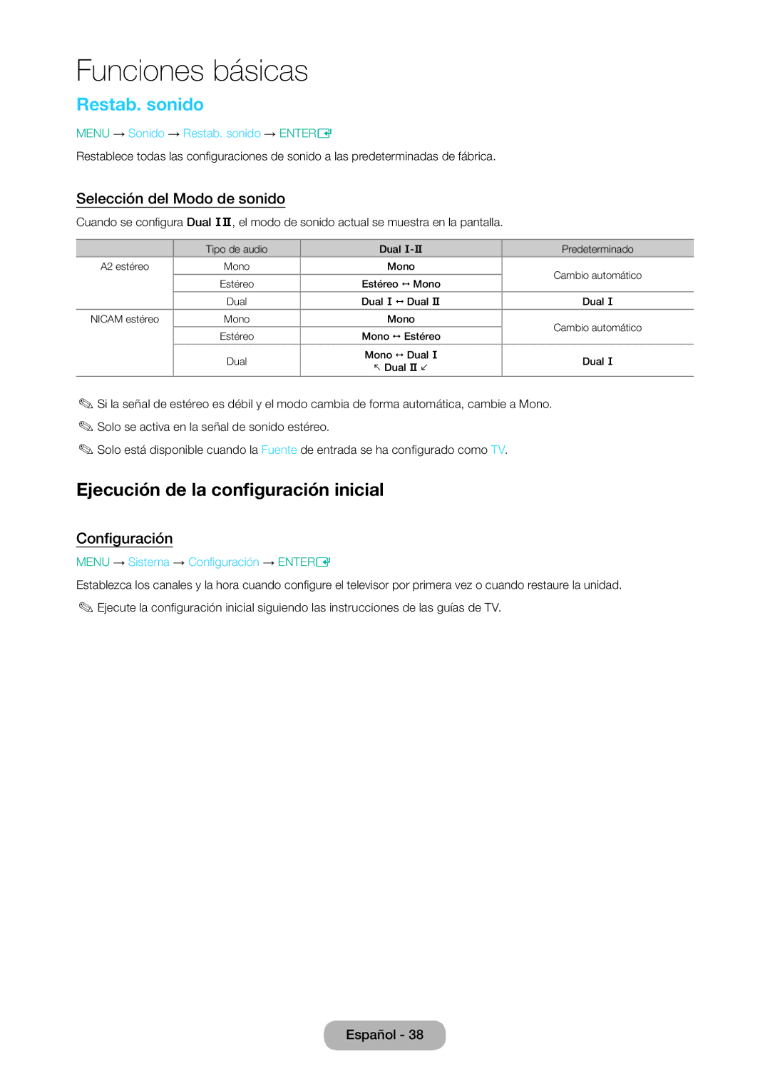 Samsung LT24D310EW/EN Restab. sonido, Ejecución de la configuración inicial, Selección del Modo de sonido, Configuración 