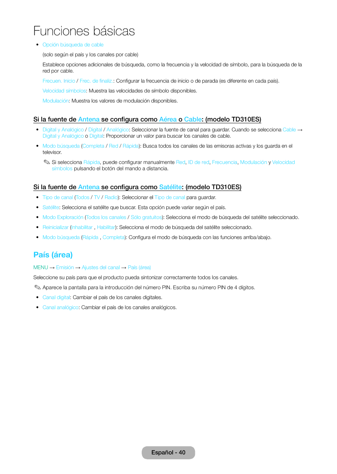 Samsung LT24D310EW/EN, LT28D310EW/EN manual Opción búsqueda de cable, Menu → Emisión → Ajustes del canal → País área 