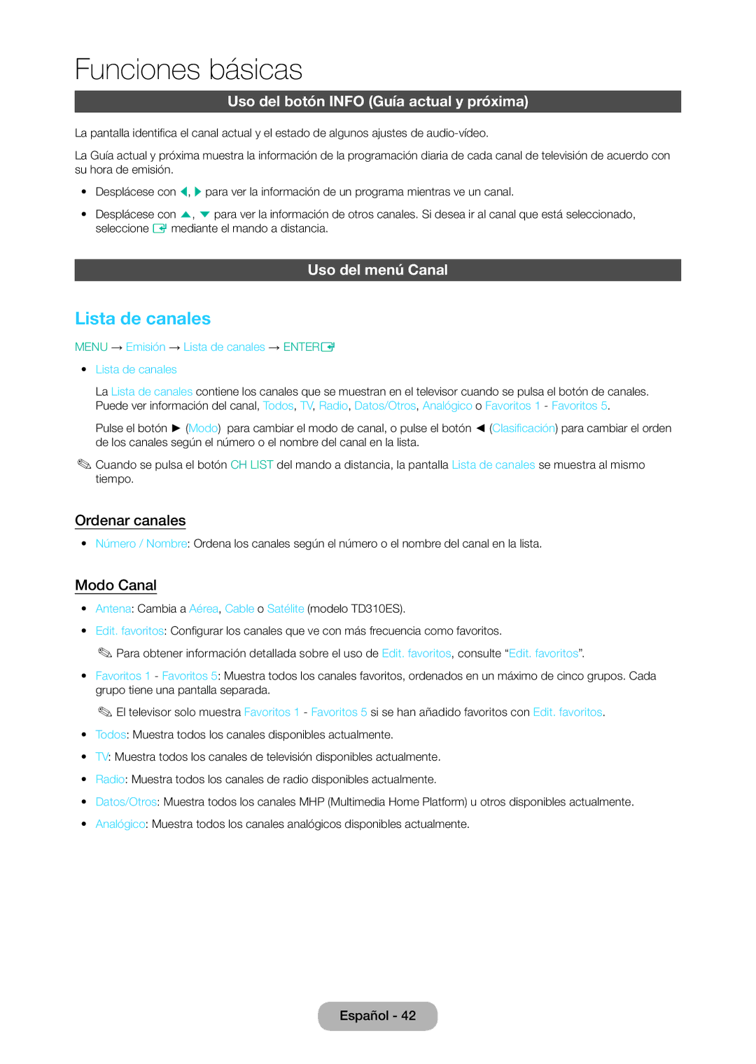 Samsung LT24D310EW/EN Lista de canales, Uso del botón Info Guía actual y próxima, Uso del menú Canal, Ordenar canales 