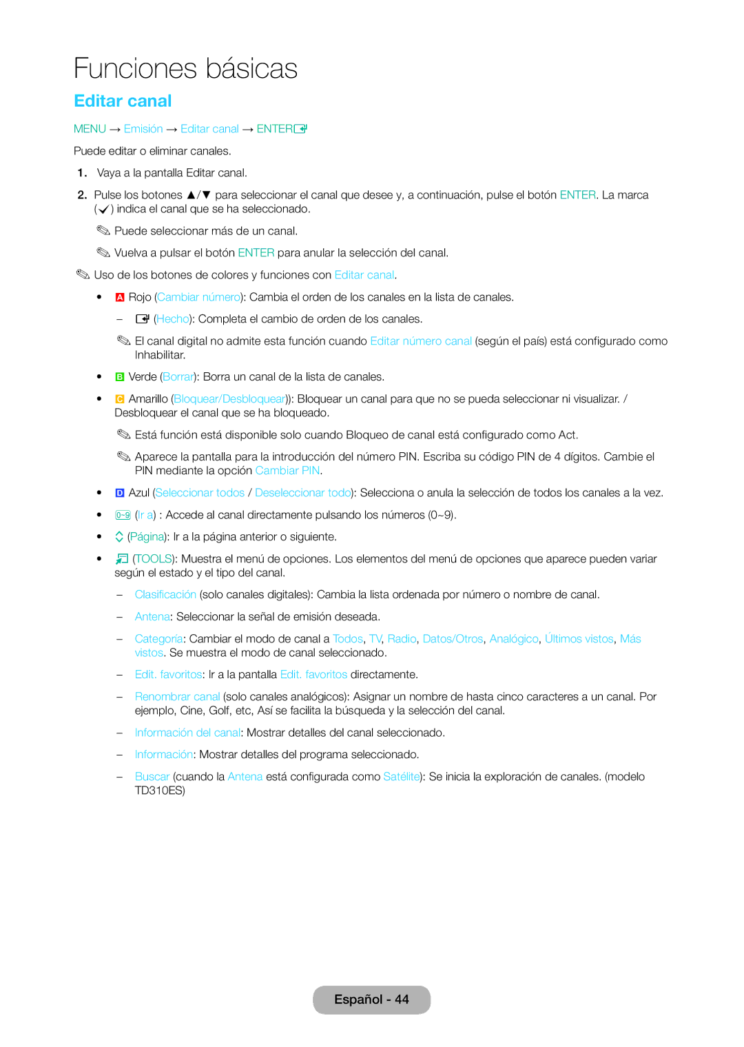 Samsung LT24D310EW/EN, LT28D310EW/EN manual Menu → Emisión → Editar canal → Entere 