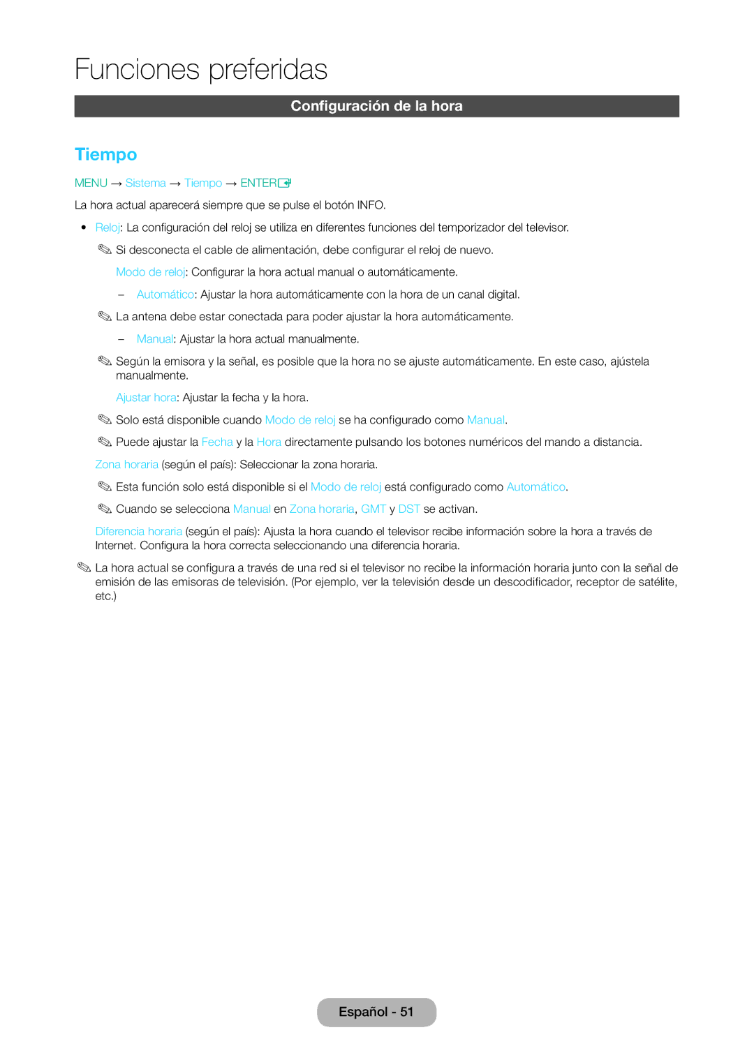 Samsung LT28D310EW/EN, LT24D310EW/EN manual Configuración de la hora, Menu → Sistema → Tiempo → Entere 