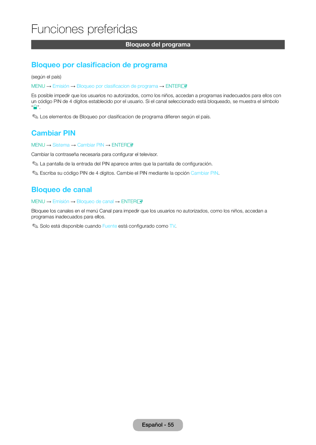 Samsung LT28D310EW/EN manual Bloqueo por clasificacion de programa, Cambiar PIN, Bloqueo de canal, Bloqueo del programa 
