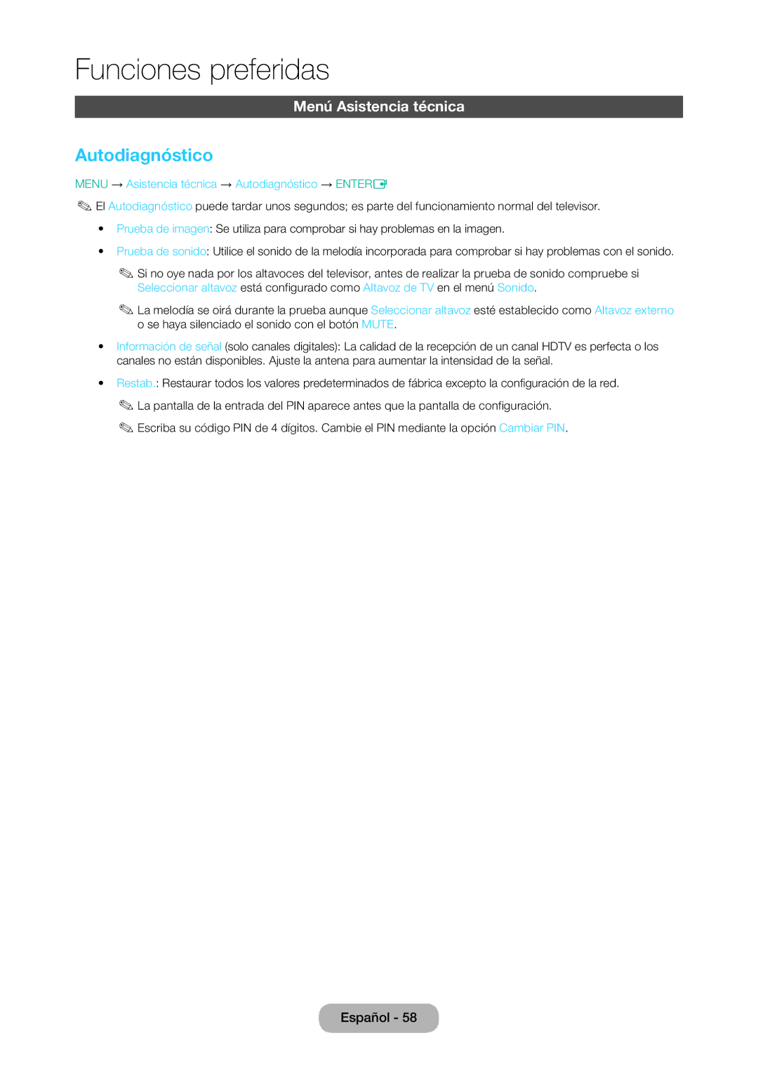 Samsung LT24D310EW/EN, LT28D310EW/EN Menú Asistencia técnica, Menu → Asistencia técnica → Autodiagnóstico → Entere 