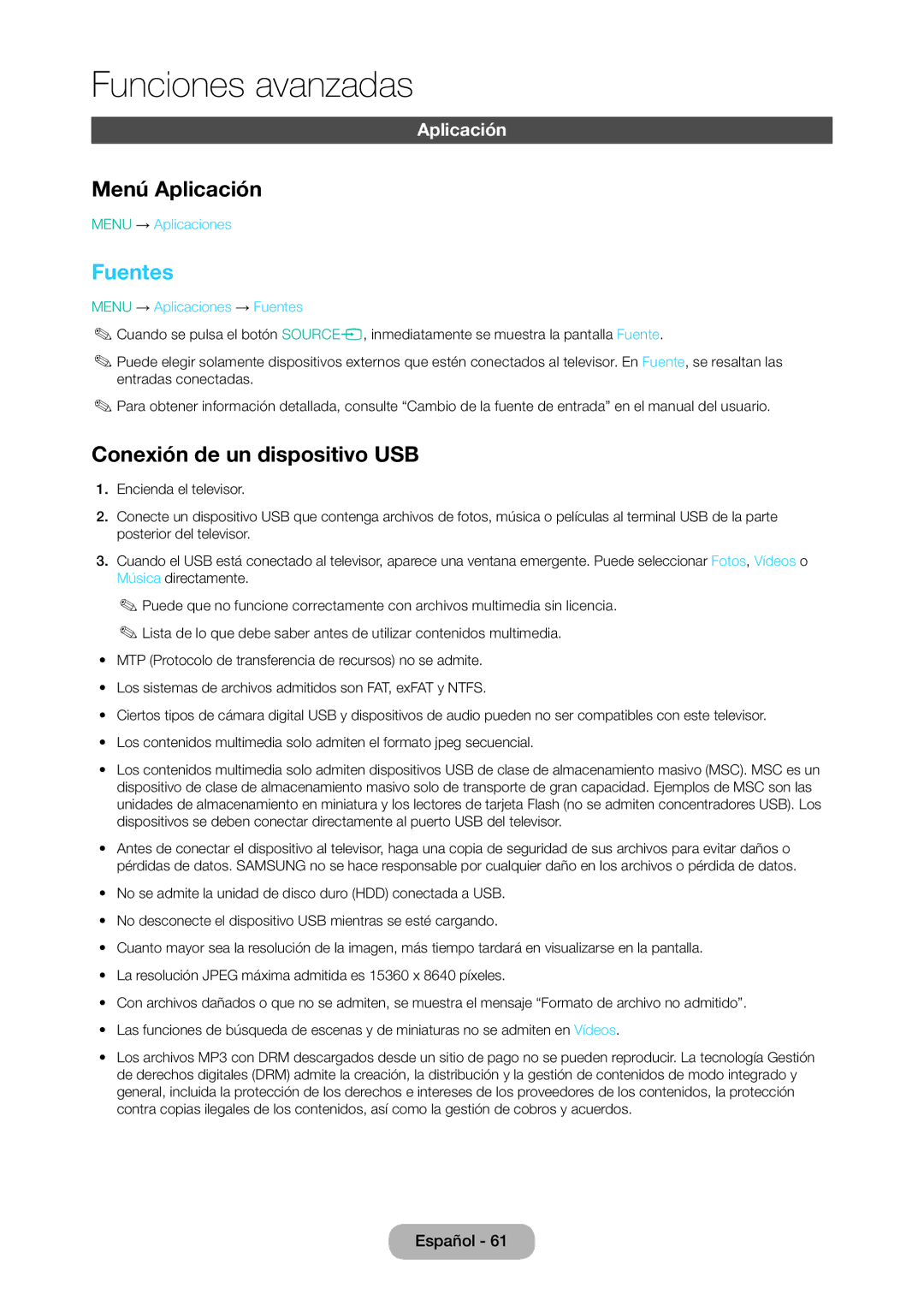 Samsung LT28D310EW/EN, LT24D310EW/EN manual Menú Aplicación, Fuentes, Conexión de un dispositivo USB 