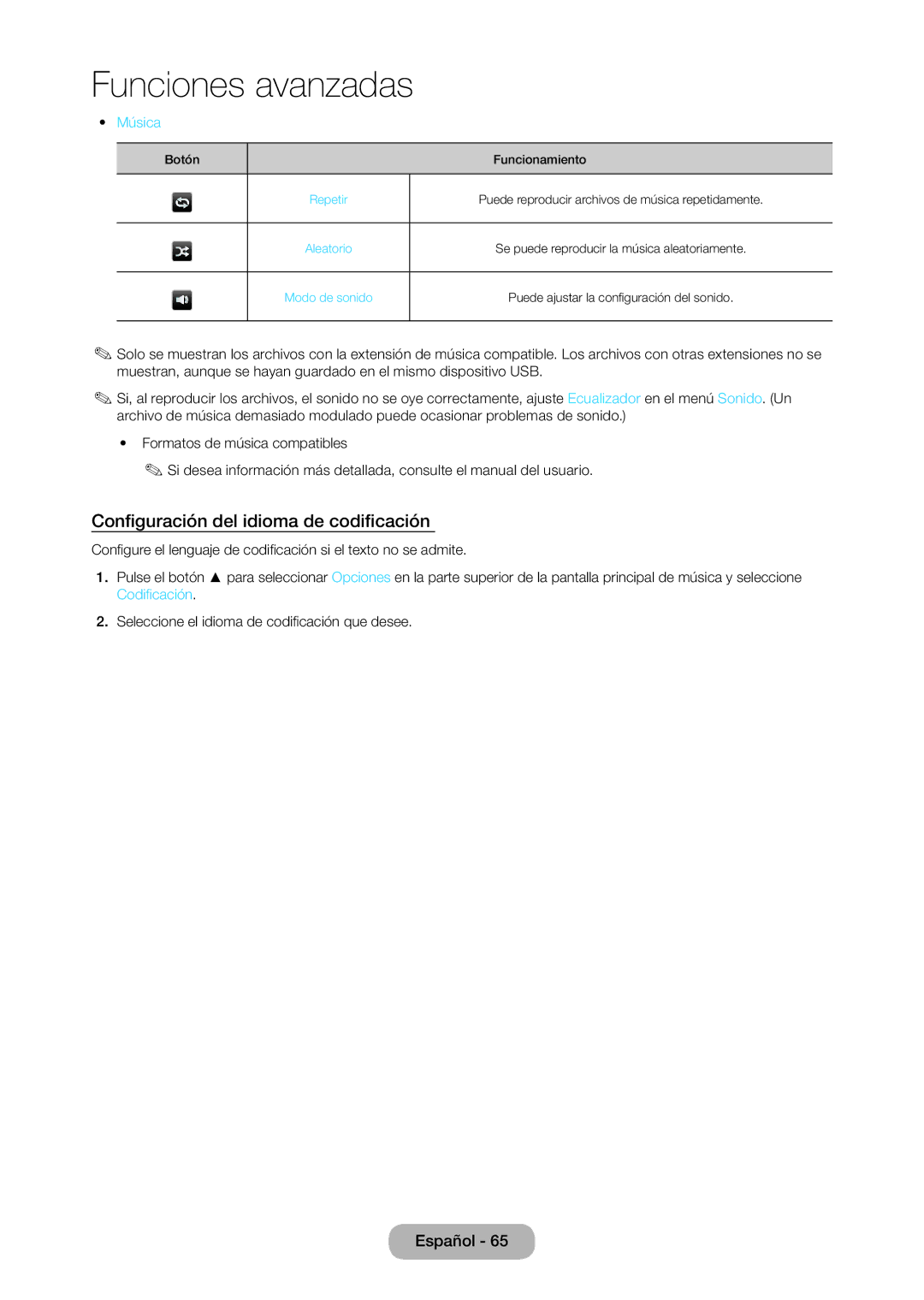 Samsung LT28D310EW/EN, LT24D310EW/EN manual Configuración del idioma de codificación, Música 