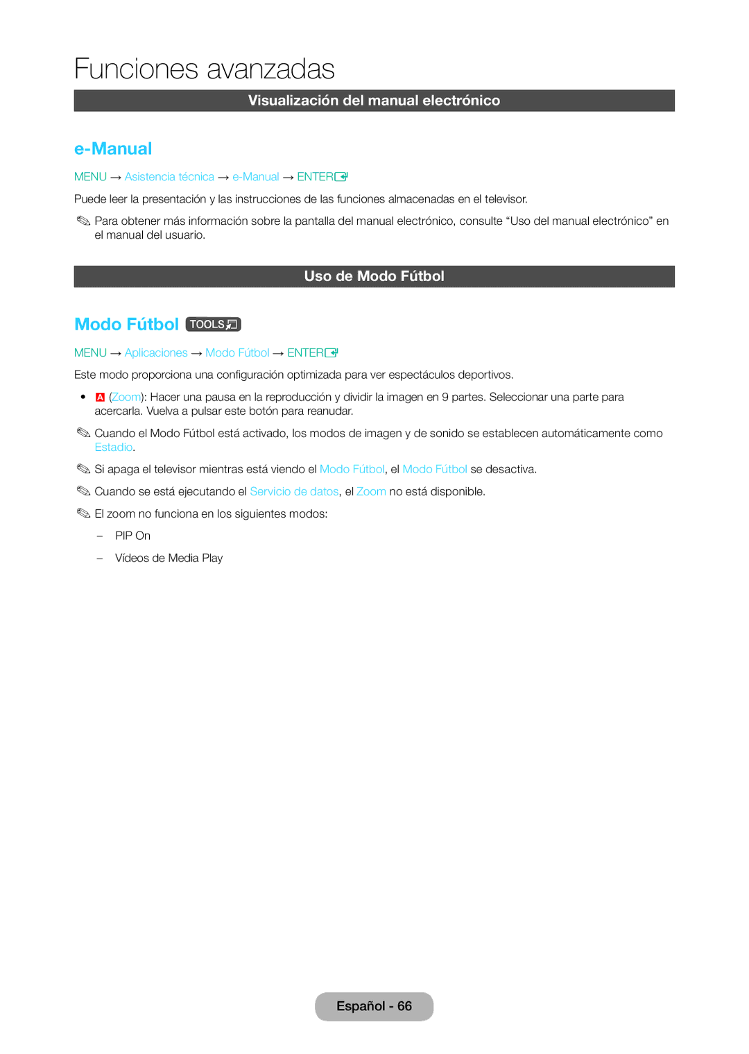 Samsung LT24D310EW/EN, LT28D310EW/EN Manual, Modo Fútbol t, Visualización del manual electrónico, Uso de Modo Fútbol 