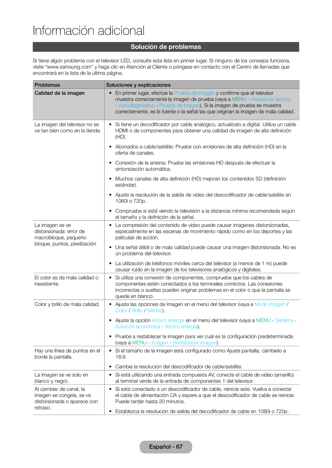 Samsung LT28D310EW/EN manual Solución de problemas, Color / Brillo / Nitidez, Vaya a Menu Imagen Restablecer imagen 