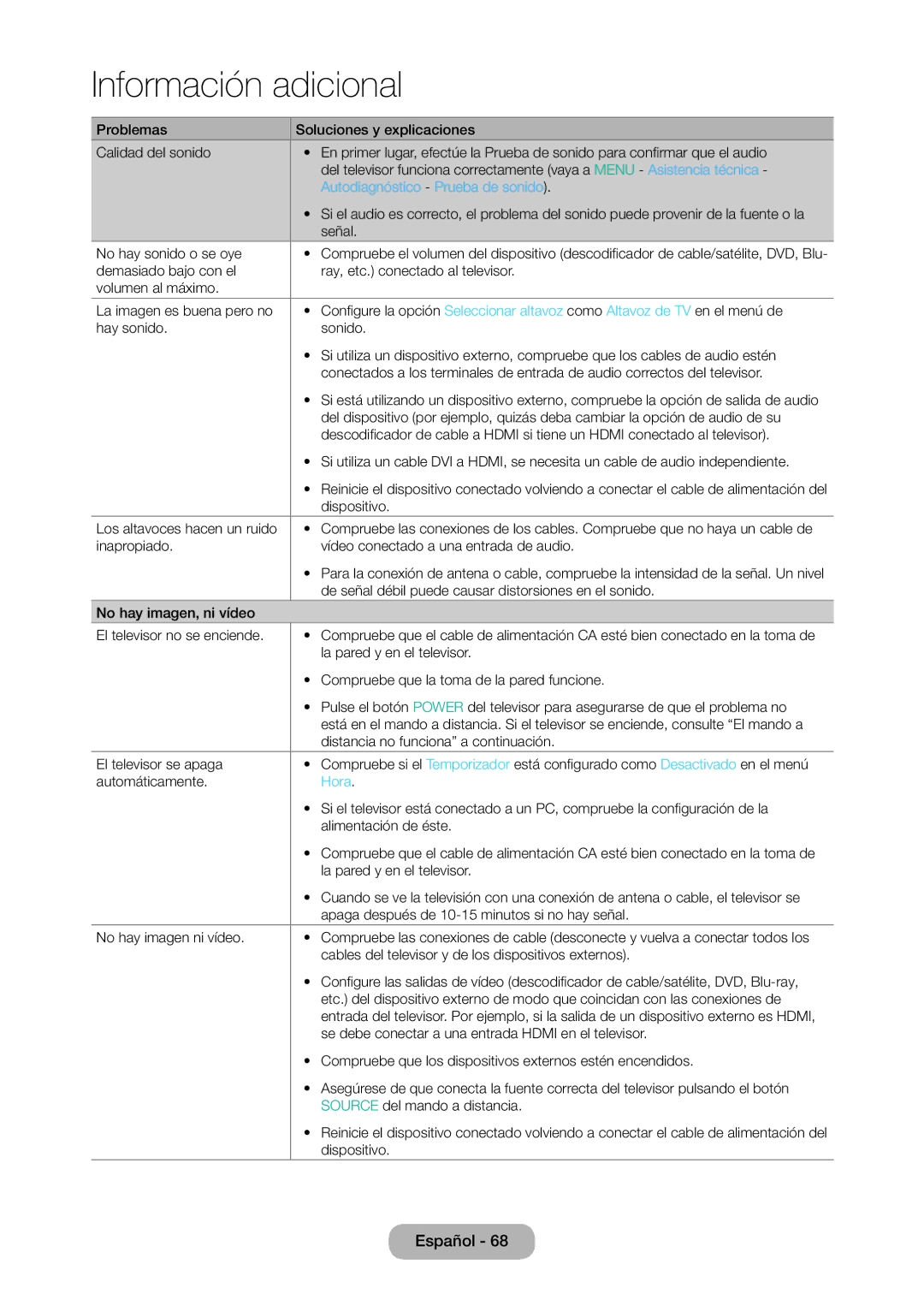 Samsung LT24D310EW/EN, LT28D310EW/EN manual Autodiagnóstico Prueba de sonido, Hora 