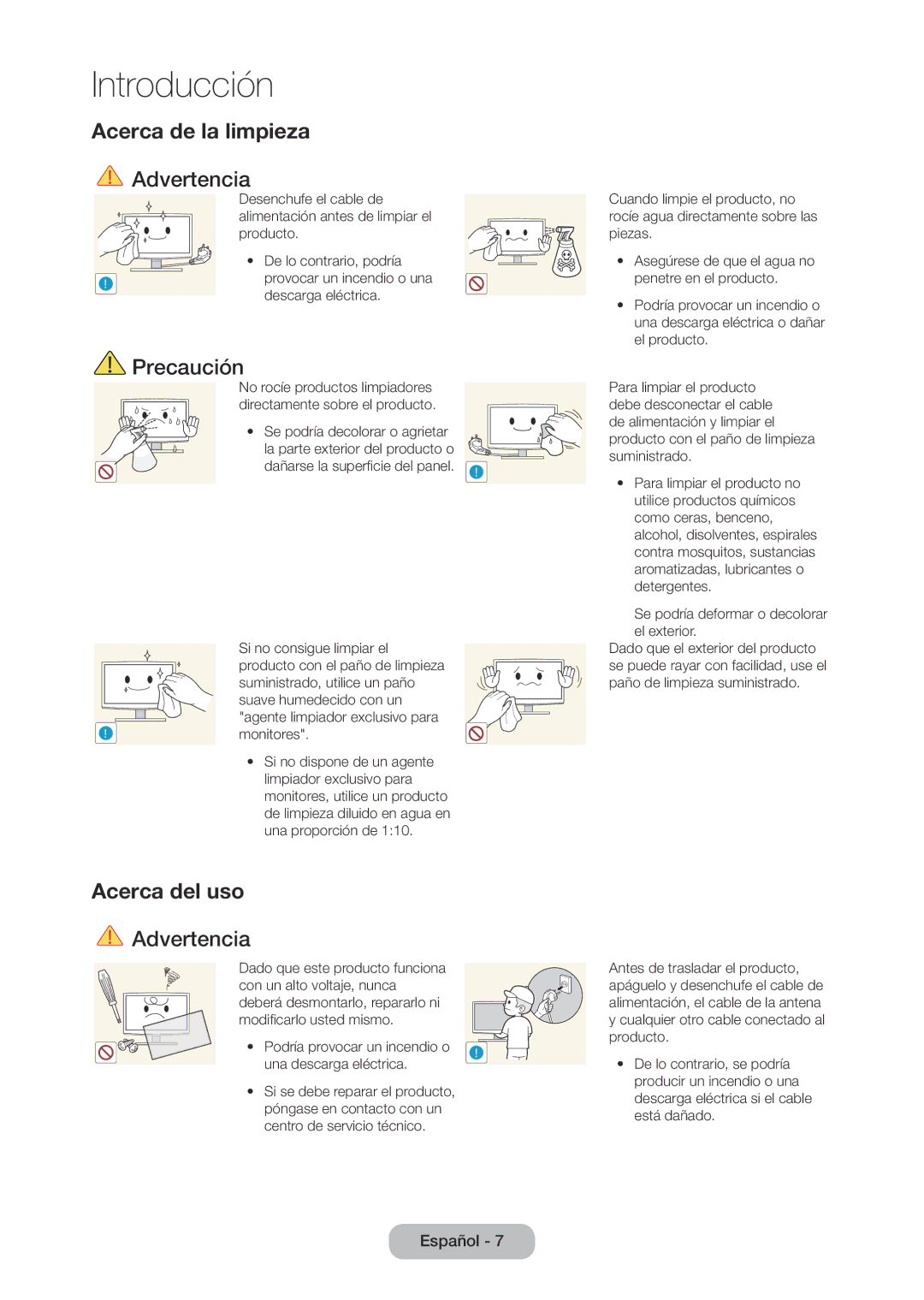 Samsung LT28D310EW/EN, LT24D310EW/EN manual Acerca de la limpieza, Acerca del uso 