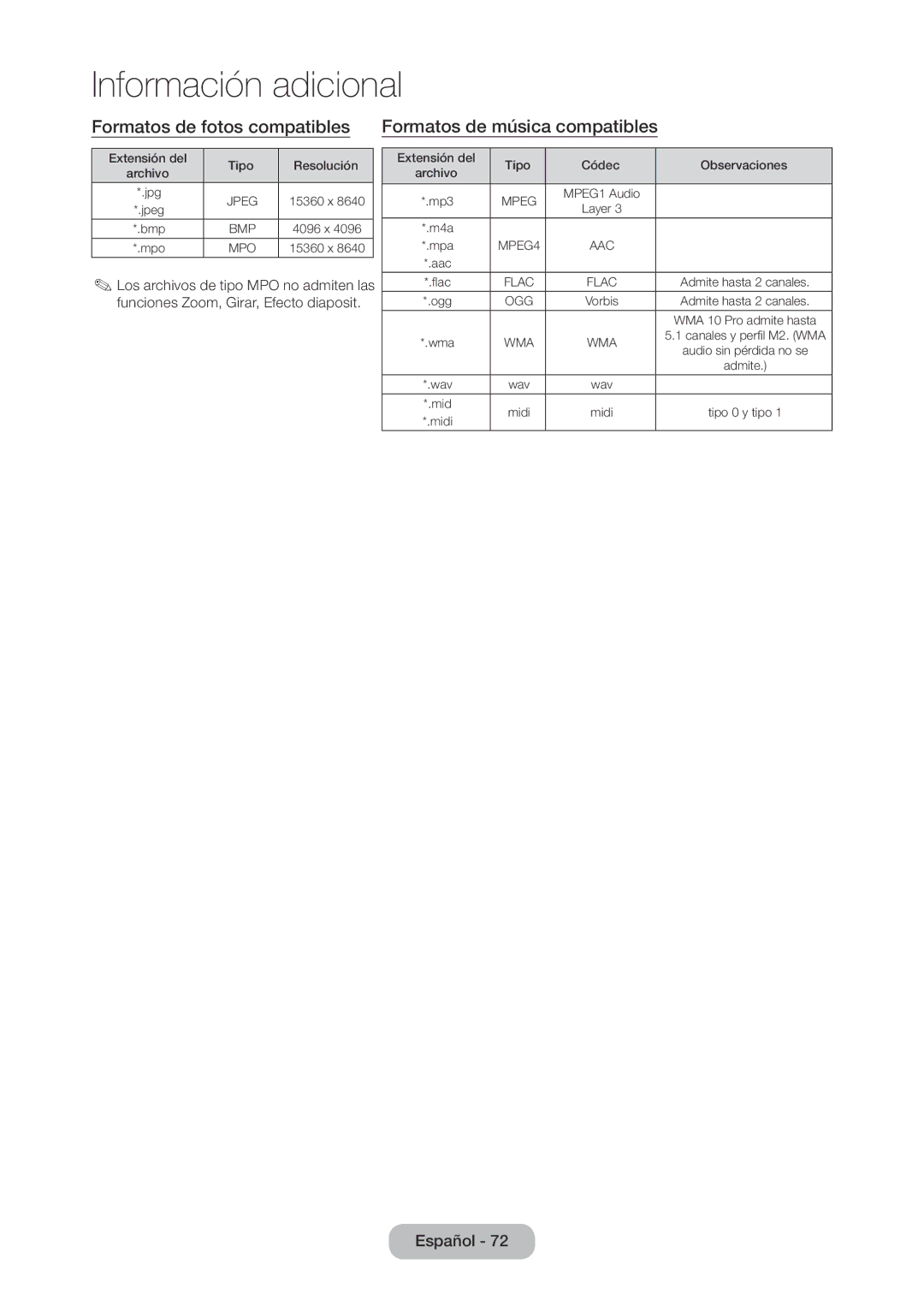Samsung LT24D310EW/EN, LT28D310EW/EN manual Formatos de fotos compatibles Formatos de música compatibles 
