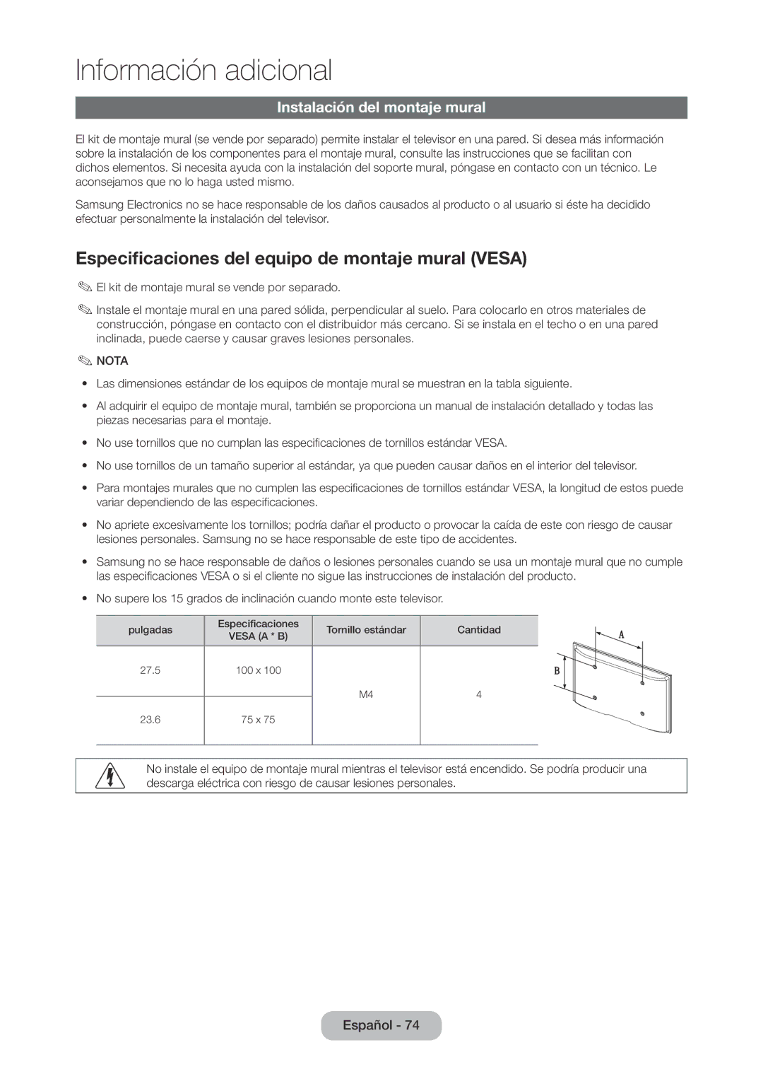 Samsung LT24D310EW/EN, LT28D310EW/EN manual Especificaciones del equipo de montaje mural Vesa, Instalación del montaje mural 