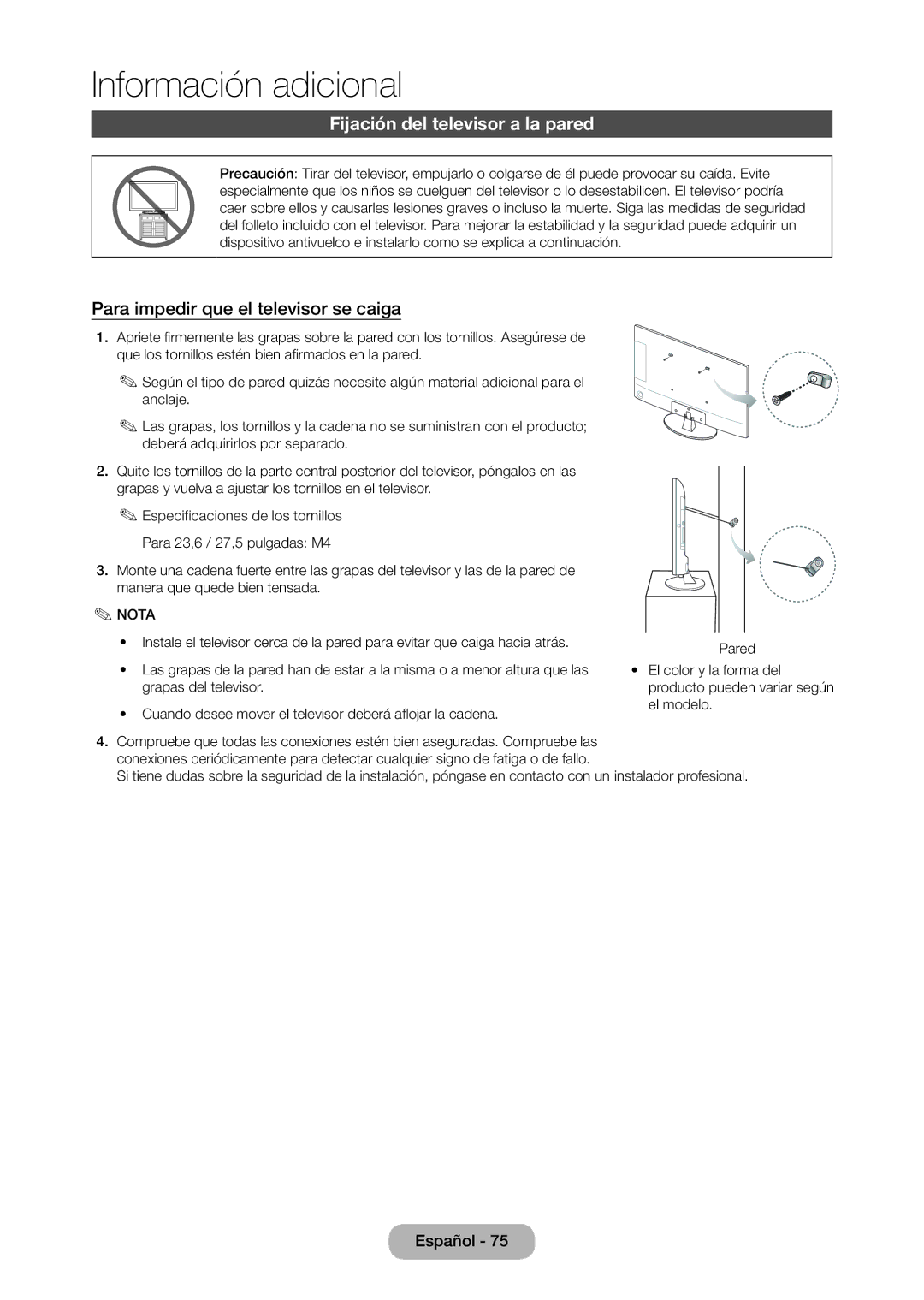 Samsung LT28D310EW/EN, LT24D310EW/EN manual Fijación del televisor a la pared, Para impedir que el televisor se caiga 