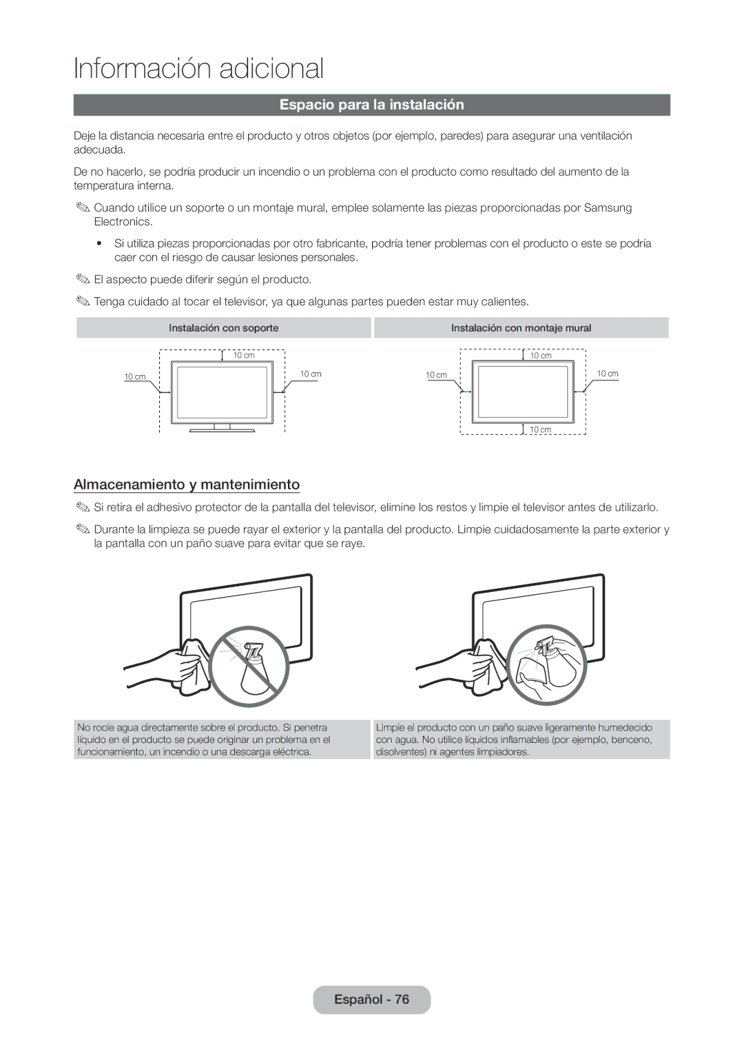 Samsung LT24D310EW/EN, LT28D310EW/EN manual Espacio para la instalación, Almacenamiento y mantenimiento 