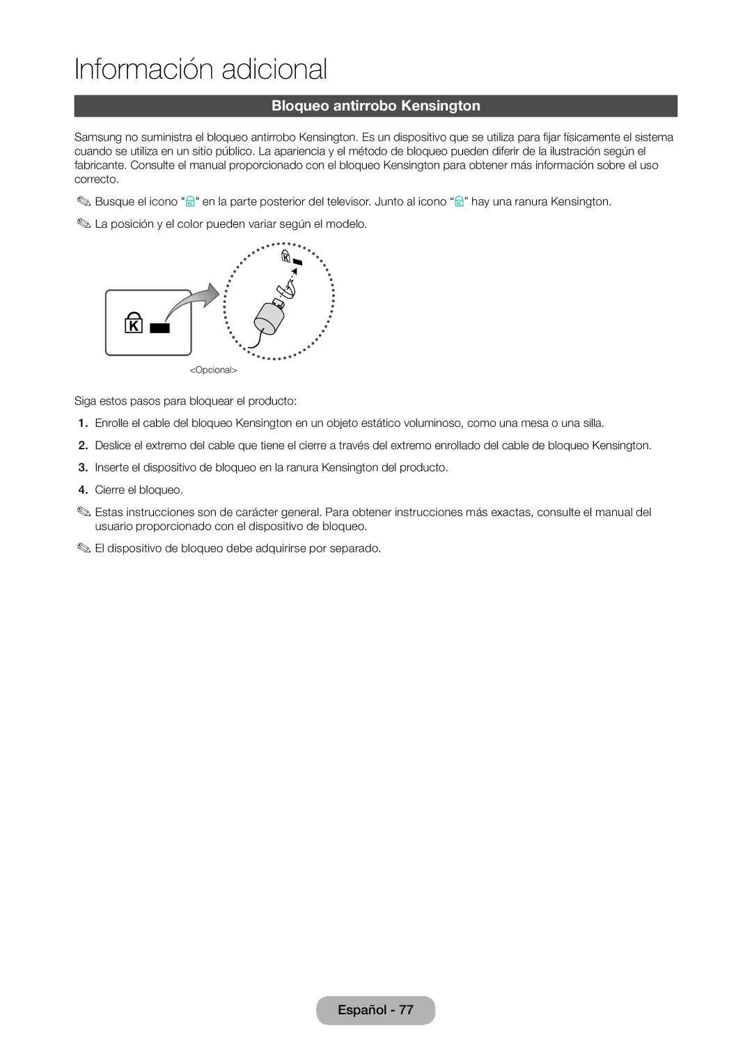 Samsung LT28D310EW/EN, LT24D310EW/EN manual Bloqueo antirrobo Kensington 