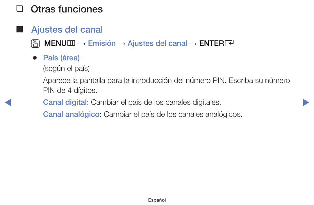 Samsung LT24D310EW/EN, LT28D310EW/EN manual Otras funciones, OO MENUm → Emisión → Ajustes del canal → Entere País área 